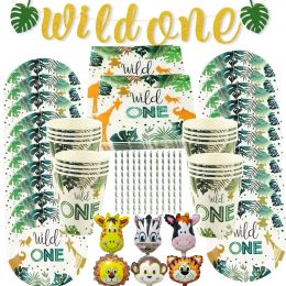 Gravestones Forest Animal Tableware Jungle Safari Birthday Decoration Wild One 1st Bithday Party Supplies Paper Plates Cup Napkins