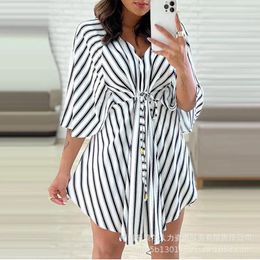 Casual Dresses 2024 Spring Summer Dress Women's Fashion Loose Striped Lace-up Irregular V-neck 3/4 Batwing Sleeve Mini