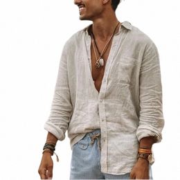 camicia a maniche lunghe in lino da uomo estivo sottile vestiti freschi allentati hawaiani coreani Fi Street Dr nuova maglietta W7pQ #