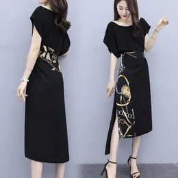 Casual Dresses Vintage Print Black Dress Women O-Neck Short Sleeve Waist Fashion Split Business Office Summer Plus Size