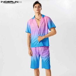 Men's T-Shirts 2023 Men Sets Tie Dye Gradient Streetwear Lapel Short Sleeve Shirt Shorts 2PCS Vacation Loose Casual Mens Suits S-5XL24328