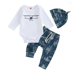 Clothing Sets Baby Boys Pants Set Helicopter Print Long Sleeve Crew Neck Romper With And Hat Fall Outfit