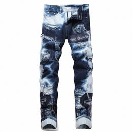 high Street New Fi Trend Blue Embroidery Ripped Jeans Pants Mens Casual Straight Slim Comfortable High-Quality Patch Jeans h9z1#