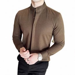 autumn Winter Fake Two Pieces Thickened Woolen Shirt Men Stand Collar Casual Busin Dr Shirts Social Party Tuxedo Blouse 34lH#