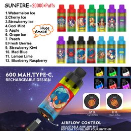 BIG SALE Price SUNFIRE Stars 20000 PUFFS Disposable Vape Refillable Rechargeable Vape E-Cigarette Pod Kit 12 Flavors LED Flashlight Airflow Control Germany France