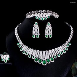 Necklace Earrings Set Luxury Chunky Cubic Zircon Leaf Fringed Green Crystal Bracelet Ring Women Wedding Bridal Statement Jewelry