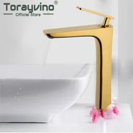 Bathroom Sink Faucets Torayvino Tall Luxury Gold Waterfall Faucet Brass Deck Mounted Single Handle Basin Vessel Water Tap Mixer