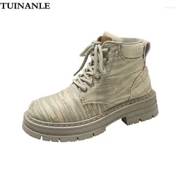 Casual Shoes TUINANLE Women Canvas Ankle Boots Round Toe Vintage Platform Unisex BreathableThick Sole Lace-up Sneakers