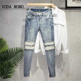 Men's Jeans Fashionable Street Style Tear Tight Jeans Mens Vintage Wash Solid Denim Trouser Mens Casual Slim Fit Pencil Denim Pants Hot Selling J240328