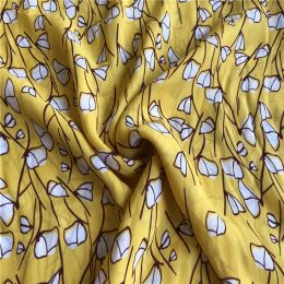 Fabric 1 Metre 65% Mulberry Silk 35% Cotton 14 momme Silk Fabric Yellow Floral Printed 130cm 51" wide by the yard JJ051