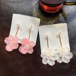 Charm Pink Flower Earrings for Women Korean Temperament Long Tassels Drop Earrings Solid Colour Exaggerated Jewellery Wholesale Y240328