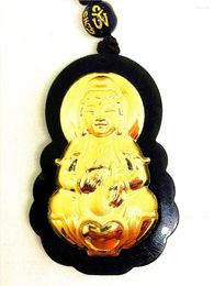 Pendants 24K Yellow Gold Hetian Dark Green Jade Buddha Amulet Lucky Pendant Necklace
