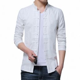 men Harajuku Linen Shirts Stand Collar Traditial Chinese Style Slim Fit Men Dr Shirts Lg Sleeve Cott Tai Chi Clothing T3Ox#