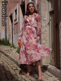 Skirts Skorts Bazaleas 2024 Pink Floral Print Pleated Skirt Bohimian High Waist Midi Holiday Beach Saia yq240328
