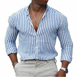 2023 New Fi Men's Shirt Stripe Printing Slim Green Colour Sky Blue Outdoor Street Lg Sleeve Clothing Chic Design Casual r2RL#