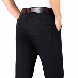 2024 Classic Men's Black Busin Straight Leg Jeans, Spring and Summer New Cott Casual Elastic Denim Pants Men's Brand Pants 72fO#