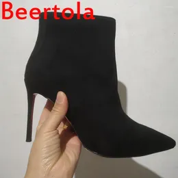 Boots Manual Women High Heel Pointed Toe Flock Leather Fashion Pumps Female Botas Mujer Big Size 35-44 Feminine Temperament Shoe