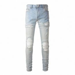 men Pale Light Blue Biker Jeans Cracked Pleated Patch Patchwork Stretch Denim Pants Streetwear Holes Ripped Skinny Trousers 59kh#