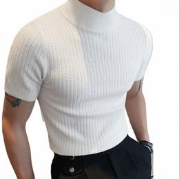 2024 Men's Summer Short Sleeve Ribbed T-Shirt Solid Half Turtleneck Slim Tee Tops Male Casual Basic Tshirt Pullover Shirts Men q3NL#