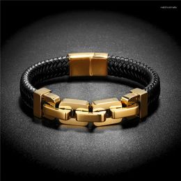 Charm Bracelets Simple Style Men's Black Genuine Leather Bracelet Classic Stainless Steel Insert Double-layer Braid Bangles For Men Friend