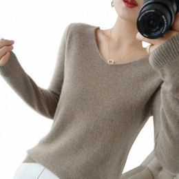 100% Pure Merino Wool Sweater Women V-neck Pullover Autumn /winter Casual Knit Tops Solid Color Regular Female Jacket Hot Z0Xk#
