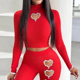 Women's Two Piece Pants Sets Wome Sexy Solid Pant Set Turtleneck Full Sleeve Slim Fit Tops Hollow Out High Waist Long Sheath 2024
