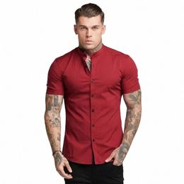 new Arrivals Summer Man Short Sleeve Shirt Solid Fitn Mens Stand Collar Super Slim Fit Busin Dr Shirt Butt Gym Tops R1a7#