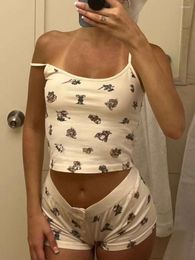 Home Clothing Women Two Piece Outfits Y2k Bear Print Shorts Set Sleeveless Crop Top Button Down Loungewear Pyjamas