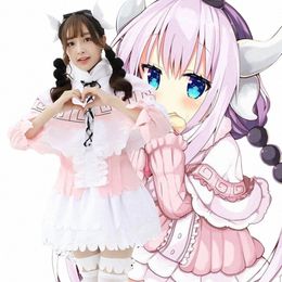 new Anime Kobayi san Chino Maid Drag Cosplay Headwear Wig and Costumes Miss Kobayi's Drag Maid Kanna Kamui Pink Dr C9ZB#