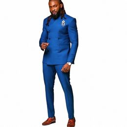 africa Blue Men Suits 2 Pieces Double Breated No Lapel trajes de boda para hombre Modern Mens Clothes Coat+Pants X5mz#