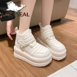Toys Lazyseal Chunky Sole Platform Boots 8cm High Heel Sewing Snow Boots Warm Short Plush Lining Hook Loop Winter Heels Ankle Boot