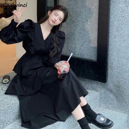 Casual Dresses Long Sleeve Black Women V-neck Hepburn Elegant Ruffles Autumn Midi Fairy Streetwear Vestidos Y2k Clothing Ins