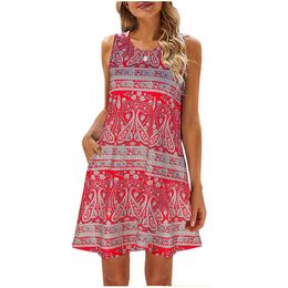 designer dress women luxury clothes women casual Colourful Printed O Neck Dress Bohemian Sleeveless Ladies Summer Beach Sundress Travel Pocket Shirt Party Gowns