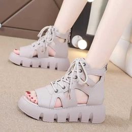Sandals Womens Short and Fat Platform Designer New 2023 Summer Beach Casual Shoes Lace Wedge 9CM Fashion H240328VDKE