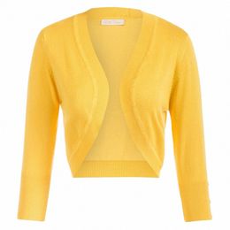 belle Poque Female Knitted Bolero 3/4 Sleeve Open-Frt Sweaters Cardigan Slim Elegant Pure-Color Spring Fall Soft Crop Knitwear X4Si#