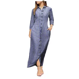 Casual Dresses Women'S Fashion Temperament Loose Plaid Print Long-Sleeved Dress Button Up Shirt Long Fashionable And Simple