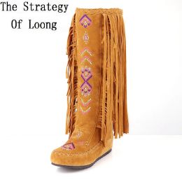 Boots Chinese Nation Style Nubuck Leather Women Fringe Flat Slipon Long Boots Lady Spring Autumn Tassel Knee High Plus Size 48