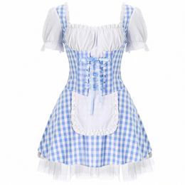 womens Halen Miss Muffet Outfits Servant French Maid Cosplay Costume Frt Lace-Up Ruffle Apr Plaid Lolita Maid Dr l50Y#