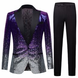 men's Stylish Black Blue Violet Two Color Sequins Slim Fit Shiny Blazers Party Prom Stage DJ Singers Suit Jacket Costume Blazer Z2Zj#