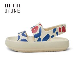 Sandals UTUNE Womens Outdoor Summer Platform Shoes Printed Beach Slide EVA 4CM Thick Sole Anti slip H240328