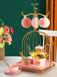 Teaware Sets Nordic Pink Marble Ceramic Tea Set British Flower Fruit Utensil With Candle Base Teaboard Birdcage Holder