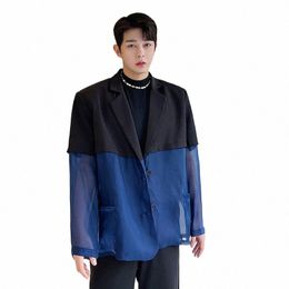 organza Splice Blazer Men INS Fi Streetwear Mesh Loose Casual Blazers Suit Coat Male Cardigan Suit Jacket Stage Clothes p2vz#