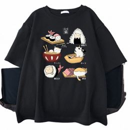 Cibo Cute Cat Sushi Carto Style Mens Cott Manica corta Harajuku Casual All-math T-shirt Oversize Fi Man Tee Abbigliamento x1Ue #