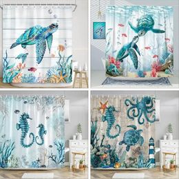 Turtle Shower Curtain Sea Animals Seahorses World Bathroom Decoration Polyester Fabric Washable Curtains with Hooks 240328