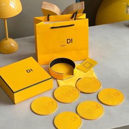 Table Mats 6pcs French Yellow Coasters Set Letter Print Mat Washable Waterproof Luxury Home Decor Cup Bowl With Storage Gifts Box