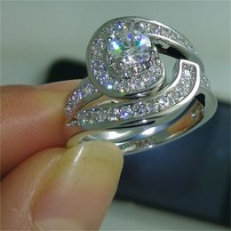 Luxury Across Promise Ring Set AAAAA Zircon White Gold Wedding band Rings for Women Bridal Promise Engagement Jewelry Gift