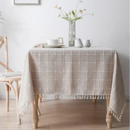 Pads Threedimensional Jacquard Chequered Tablecloth,Cotton Linen Tassels DustProof Table Cover,For Dinning Party Wedding Decor