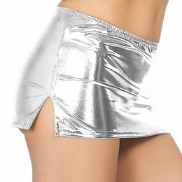 women Fi Micro Skirt Shiny Metallic Faux Leather Split Skirt Night Club Pole Dancing Low Waist Elastic Waistband Miniskirts S992#