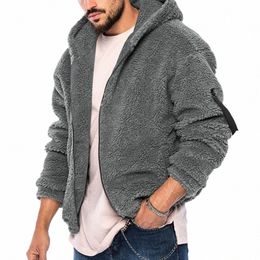 men's Fluffy Hooded Coat Trendy Zipper Closure Thickened Fleece Jacket Lg Sleeves Winter Warm Hoodie for Men 695j#