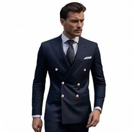 chic Men's Suits Navy Blue Peak Lapel Double Breasted Elegant Groom Full Set 2 Piece Jacket Pants Skinny Costume Homme Terno P0Aa#